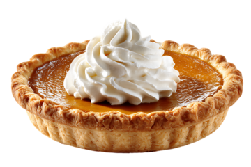 On transparent background a whole baked pumpkin pie topped with a generous swirl of fluffy whipped cream