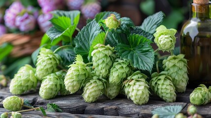 Fototapeta premium Fresh hops with green leaves sit on rustic wood next to flowers and a bottle of oil