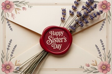 Happy sisters day wax seal on envelope with lavender and flowers