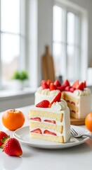 Strawberry cake slice with whipped cream.
