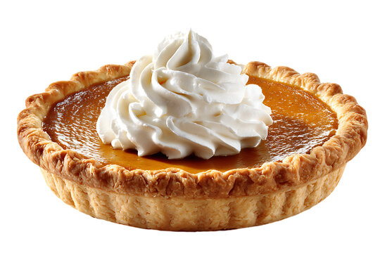 On transparent background a whole baked pumpkin pie topped with a generous swirl of fluffy whipped cream