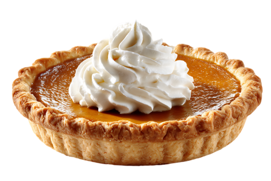 On transparent background a whole baked pumpkin pie topped with a generous swirl of fluffy whipped cream