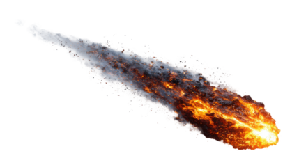 Meteorite impacting earth dramatic explosion outer space aerial view. Isolated on transparent background, png.