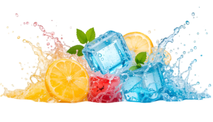 Refreshing ice cubes with lemon and mint splash for summer drinks and beverages photography concept against white transparent background
