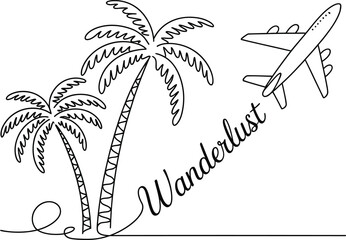 Palm trees and airplane with the word wanderlust in a travel illustration
