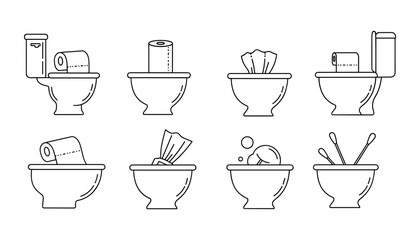 Fototapeta premium Toilet and Personal Care Items Icons. Set of Illustrations Featuring Toilets and Other Hygiene Products Vector Illustration