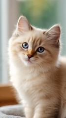 Fototapeta premium Fluffy cream kitten with striking blue eyes lounging comfortably on a cozy couch in a sunny room 