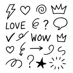 Hand Drawn Doodle Icons Including Hearts, Crowns, Arrows, and Speech Bubble