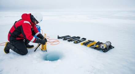 Male researcher conducting ice core sampling in arctic environment with equipment