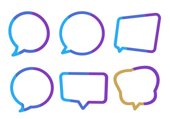 Six outline speech bubbles each colored with blue purple or gold arranged in two rows