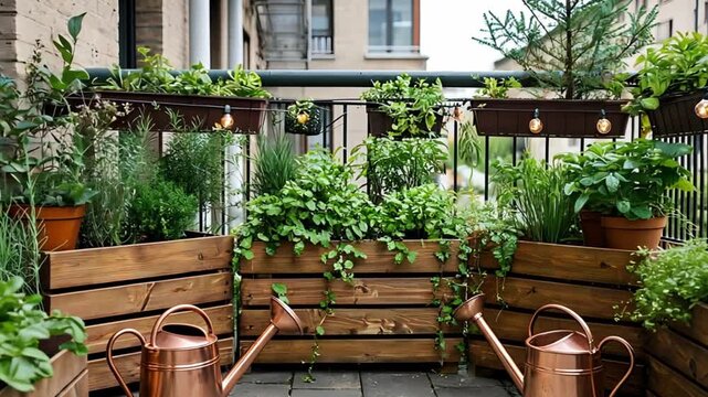 Lush balcony garden with wooden planters, hanging baskets, string lights, and copper watering cans, creating a peaceful urban oasis