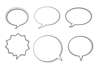 Six speech bubbles in varying styles dashed jagged and smooth lined each with a soft gray shadow