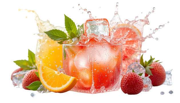 Refreshing summer cocktails with orange strawberry grapefruit and ice for a party drink idea against white transparent background