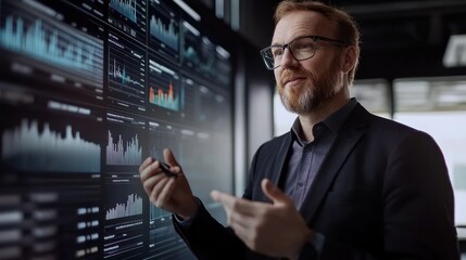 Businessman analyzing data on a large screen