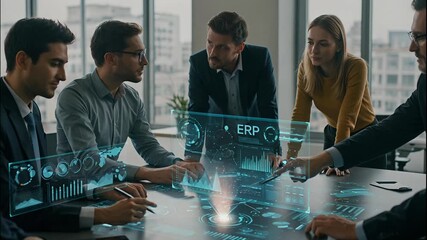 High-quality 4K footage of a diverse business team collaborating on an advanced ERP system using a futuristic holographic table display for data analysis in a modern office. - Powered by Adobe