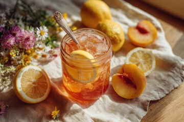 iced peach lemon jargarita in jam jar with vintage spoon and citrus slices on linen cloth surrounded by fresh fruit and wildflowers in warm sunlight concept of cottage summer drink