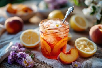 iced peach lemon jargarita in jam jar with vintage spoon and citrus slices on linen cloth surrounded by fresh fruit and wildflowers in warm sunlight concept of cottage summer drink