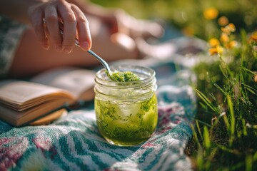 green matcha jargarita in jam jar with spoon adding vibrant powder on colorful blanket during summer picnic with legs crossed and books nearby concept of mindful wellness drink