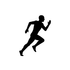 Naklejka premium A minimalist black silhouette of a running person, isolated on a stark white background, representing speed, fitness, and an active lifestyle concept.