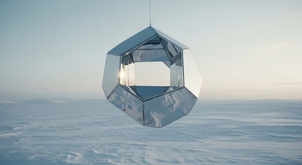 Reflective, polygonal structure suspended above a snowy landscape.