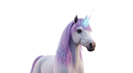 A majestic white unicorn with flowing purple mane and a glowing blue horn, isolated on white.