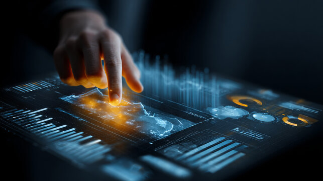 Futuristic interface activated by human touch, glowing orange elements highlight digital interaction and innovation