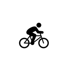 Obraz premium A simple black pictogram depicts a person riding a bicycle, representing themes of exercise, transportation, and outdoor activity on a white background.