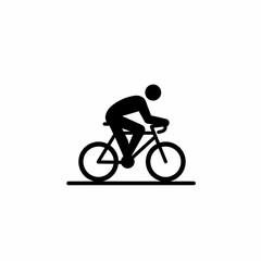 A sleek black silhouette icon depicts a person actively riding a bicycle, symbolizing movement, sport, and eco-friendly transport.