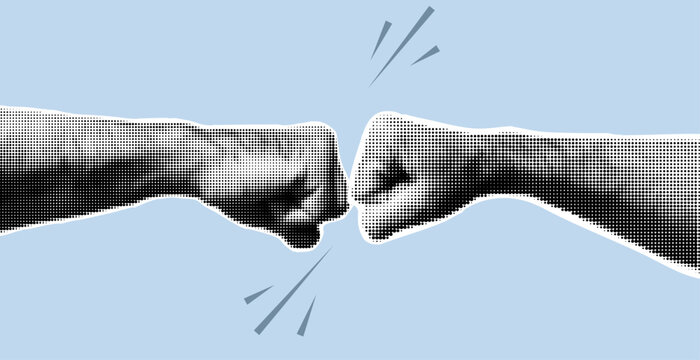 Man giving fist bump. Human hand dotted pop art style. Retro halftone fist collage element for mixed media design. Vector illustration	