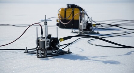 Remote scientific equipment on snowy terrain for geological research
