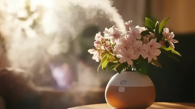 Aromatic diffuser with blooming flowers releasing mist