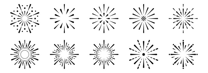 Fireworks collection PNG. Black line firecracker illustrations with sparkles and stars on white background. Vector set for New Year, Diwali, celebration designs.