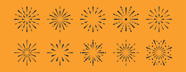 Celebration fireworks Diwali vector set. Flat explosions isolated on background. Festive design elements for banners, flyers, New Year and party greeting cards.