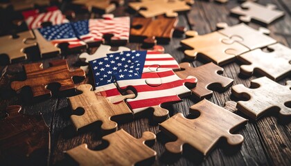 American flag puzzle pieces on a wooden table