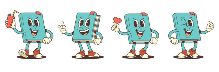 Cheerful blue book mascot in cartoon style doing playful actions like holding lemonade, showing heart, rock gesture and thumbs up. Great for educational and promotional design. Vector illustration