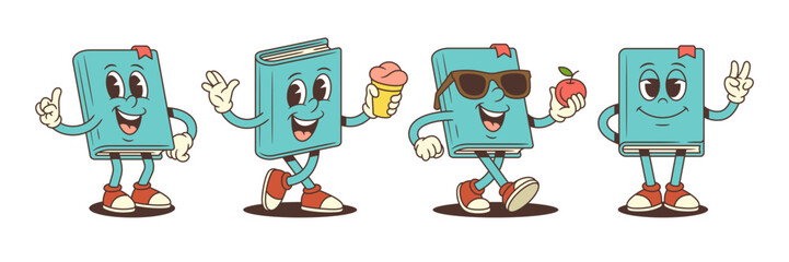 Cheerful blue cartoon book mascot character in different fun poses including holding ice cream, red apple, pointing finger up and smiling with victory hand sign. Vector illustration