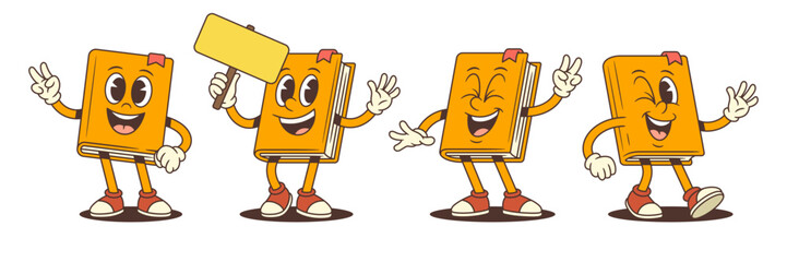 Cheerful orange cartoon book mascot character in four poses including waving with signboard, showing victory gesture, laughing, and winking. Vector illustration