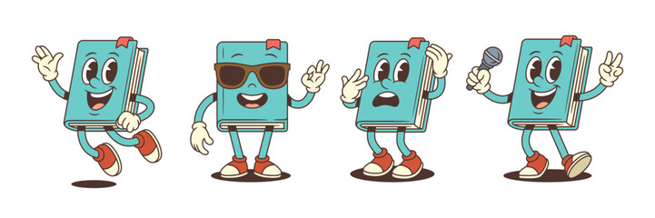 Funny blue cartoon book mascot character performing various actions such as jumping, waving, showing OK sign, holding microphone, and feeling scared. Vector illustration