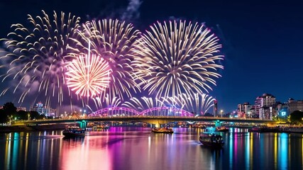 Bright fireworks exploding over an illuminated bridge reflected in the water of a river at night - Powered by Adobe