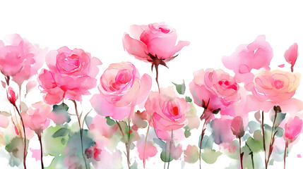 Fototapeta premium Pink watercolor roses with green leaves, hand-painted and isolated on a transparent background. Ideal for floral-themed projects, invitations, and elegant design use.