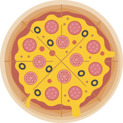 Whole Pepperoni Pizza Vector Illustration with Slices