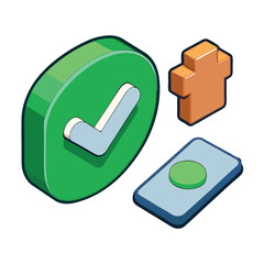 Isometric checkmark plus button cartoon illustration on transparent background featuring