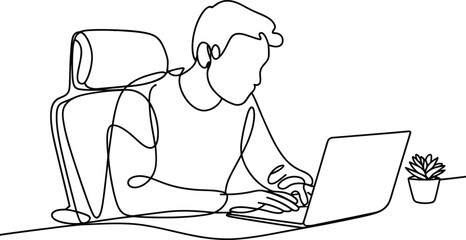 Continuous line drawing of a person working on a laptop with a plant