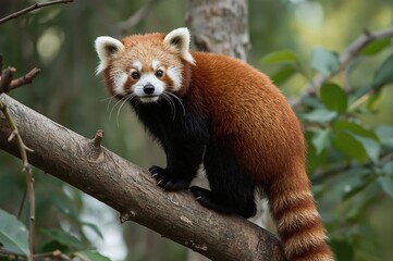Naklejka premium Red panda on branch, forest background, wildlife closeup, zoo animal