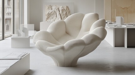 Cream-colored, organic-shaped chair in a light, modern gallery