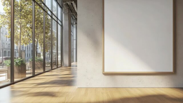An interior shot of an art gallery showcasing modern architecture, a large empty wall for exhibition, and natural light streaming in.