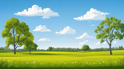 Fototapeta premium Lush green meadow landscape under a partly cloudy sky.