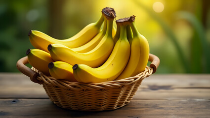 Top-Down View of Fresh Bananas in a Woven Basket on Wooden Table, Natural Setting, 4K