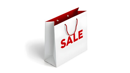 A white shopping bag with red sale lettering isolated on white