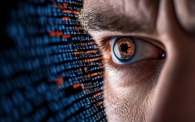 Extreme close up of human eye with digital binary code reflection, showing blue and orange data visualization representing cybersecurity concept